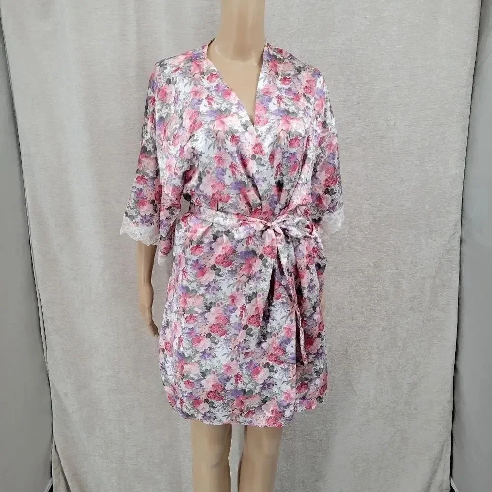 Floral Satin Lace Slip Dress Chemise Negligee and Matching Robe Set Pink